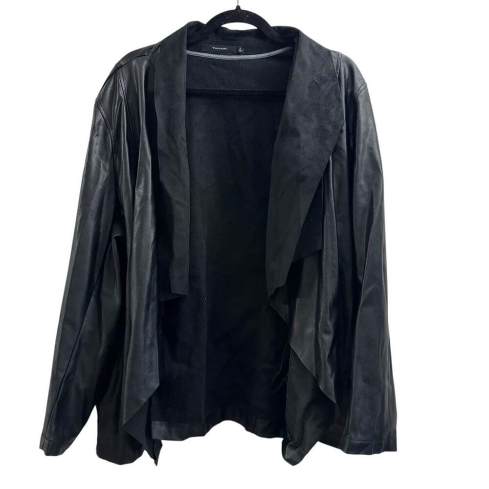 Tahari Elie Tahari Drape Open Front Black Faux Leather Moto Jacket
